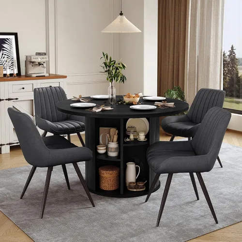 Vista 14 de Miereirl Juego de mesa y sillas de comedor moderno redondo, con una mesa de comedor de madera equipada con compartimentos de almacenamiento