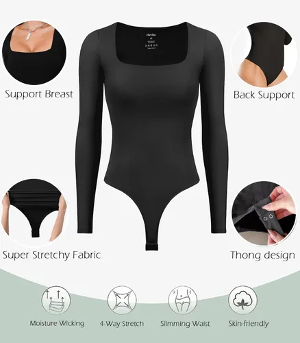 Vista 4 de Women's 2 Pack Long Sleeve Bodysuits Square Neck Basic Shirts Tops Bodysuit Jumpsuit