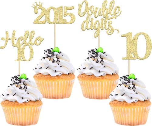 Vista 73 de Gyufise Paquete de 24 adornos negros para cupcakes de 10.º cumpleaños con purpurina negra 10 Ten Hello 10 Dights dobles desde 2015 para decoraciones