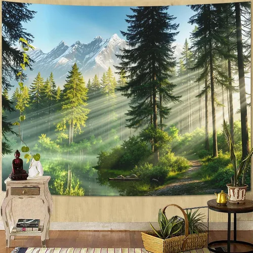 Vista 12 de Kanuyee Tapiz de bosque verde, tapiz de paisaje para pared, tapices de naturaleza para techo y pared, colgante para dormitorio, sala de estar