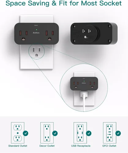 Vista 7 de Accesorios Esenciales para Crucero, Tira de Alimentación para Viajes - Extensor de Enchufes con 4 Salidas de CA, 3 USB (2 USB C), Sin Protector