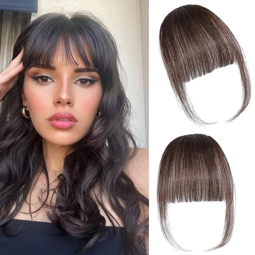 Vista 8 de ELEFOCUS Flequillo con clip, extensiones de cabello humano 100% real, flequillo falso francés 18#, clip de cabello en flequillo para mujeres, flecos