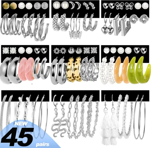 Vista 2 de Juego de 45 pares de aretes de aro dorados y plateados para niñas y mujeres, paquete múltiple de aretes colgantes de perlas gruesas trenzadas