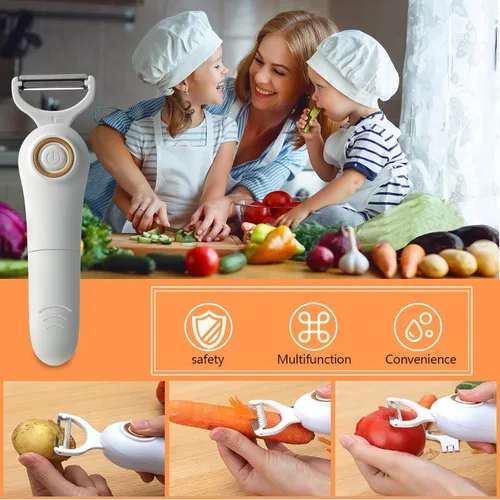 Vista 5 de Pelador eléctrico de frutas y verduras, juego profesional de pelador de patatas de mano, cortador de cocina con 3 cuchillas intercambiables