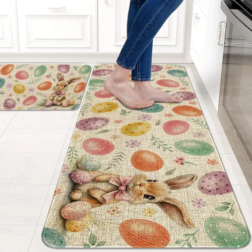 Vista 2 de Juego de 2 alfombras de cocina de Pascua, decoración de cocina de Pascua, huevos coloridos para piso, tapete de 17 x 30 pulgadas + alfombra