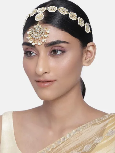 Vista 2 de I Jewels Gifts For Her 18k Gold Plated Indian Wedding Bollywood Floral Kundan Pearl Studded Rajasthani SheeshphoolMathapatti for Women (T206-7)