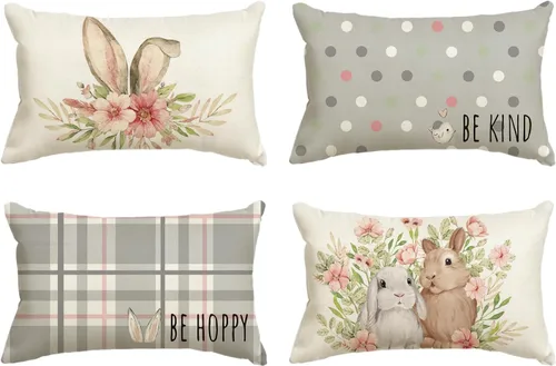 Vista 16 de AVOIN colorlife Juego de 4 fundas de cojín de Pascua con diseño de búfalo y flor de conejo de Pascua Be Hoppy Bule, 18 x 18 pulgadas, diseño