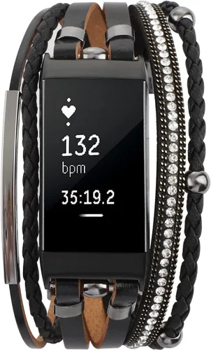 Vista 3 de Elegante correa de cuero compatible con Fitbit Charge 4 Charge 3, pulseras bohemias para mujer, pulseras de joyería multicapa de repuesto para Negro