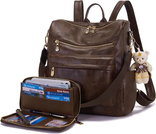 Vista 19 de Soperwillton Bolso de mochila para mujer. Bolsos de mano con diseño multiusos. Bolsa de hombro de cuero sintético. Bolsa de viaje. Juego de 2