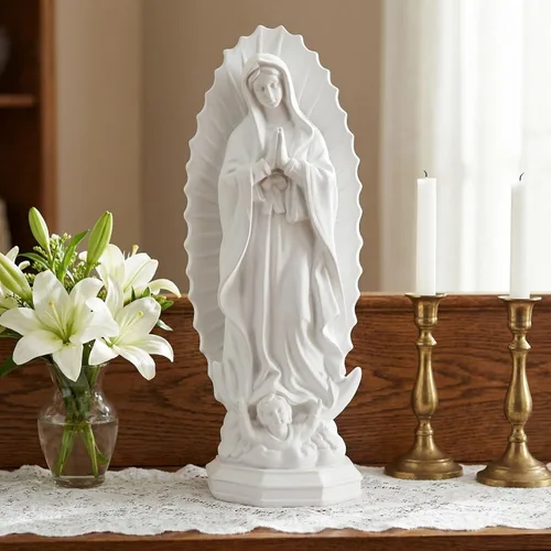 Vista 8 de DECHOUS Estatua de la Señora de Guadalupe blanca – 7.5 pulgadas de alto, figura religiosa de resina de Guadalupe para oficina en casa, estatua
