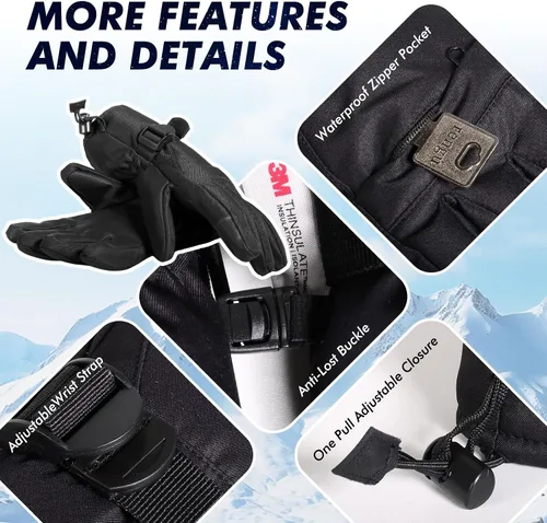 Vista 4 de Guantes de esquí, guantes de nieve impermeables y transpirables más cálidos para clima frío, se adaptan tanto a hombres como a mujeres, para padres