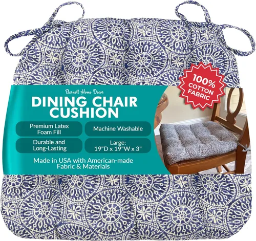 Vista 24 de Barnett Home Decor Ticking Stripe Berlin Blue - Almohadilla para silla de comedor con lazos, tamaño mediano 18, relleno de espuma de látex, lavable