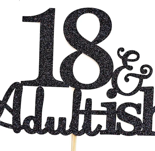 Vista 7 de Decoración para pastel de 18 años con purpurina negra y Adultish para fiesta de cumpleaños de dieciocho años, decoraciones de pastel de tiempo