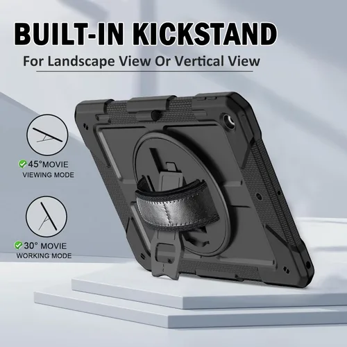 Vista 6 de BMOUO Funda para iPad de 9ª/8ª/7ª generación de 10.2", a prueba de golpes con soporte giratorio de 360°, correa de hombro y mano, funda para iPad