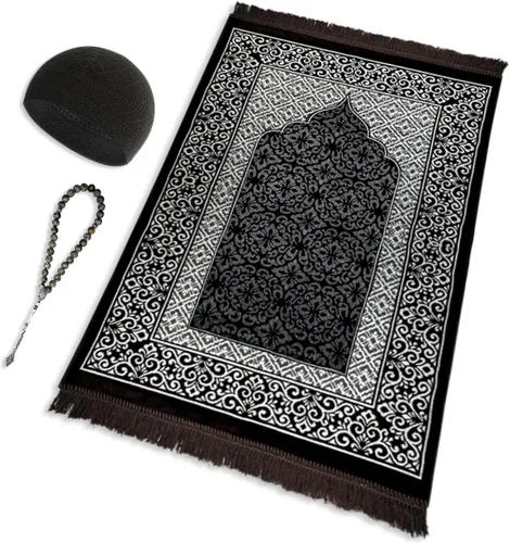 Vista 2 de ESERRA Juego de alfombrillas de oración de terciopelo todo en uno para el Islam, alfombra gruesa de oración musulmana, sombrero Kufi negro, piedra