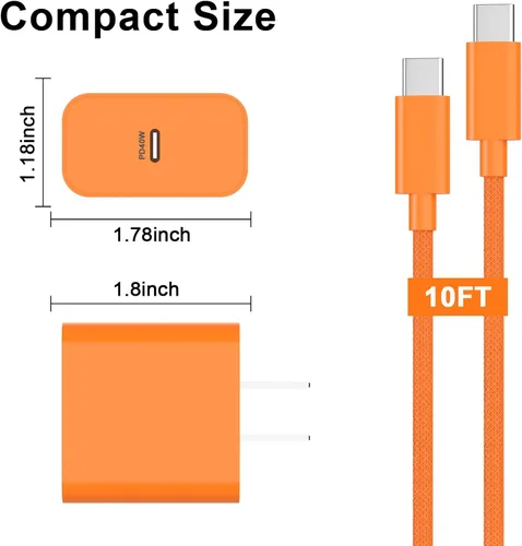 Vista 5 de Cargador rápido para iPhone 17 16 15, [certificado MFi] Bloque de cargador de pared USB C de 40 W con USB C de 10 pies de carga USB C a USB C cable