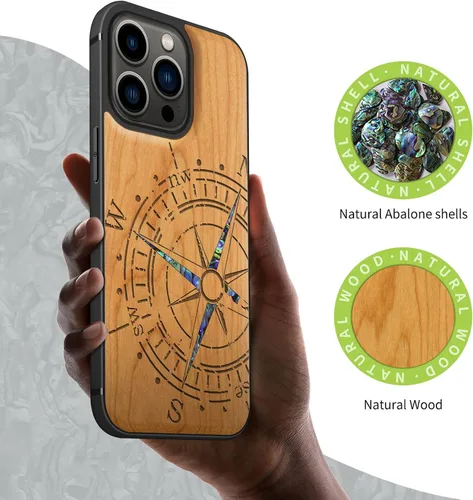 Vista 2 de Carveit Funda protectora de madera de diseñador para iPhone 13 Pro, cubierta magnética, grabado en madera e incrustaciones de concha, funda