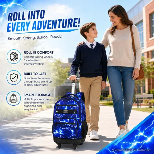 Vista 6 de Mochila con ruedas para niños, bolsa de libros con ruedas para hombres Azul