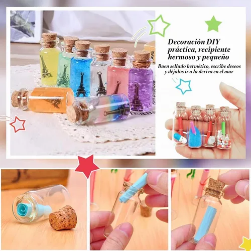 Vista 6 de WFPLUS 60 botellas de vidrio pequeñas de 0.3 fl oz con tapón de corcho, mini frascos de vidrio para bricolaje, pequeños frascos transparentes