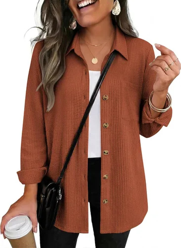 Vista 14 de Zeagoo Camisa de punto gofre para mujer, con botones, manga larga, con 01-albaricoque