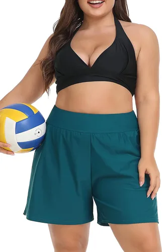 Vista 2 de ANFILIA Pantalones cortos de natación de talla grande para mujer, pantalones cortos de cintura alta, tankini con bolsillos
