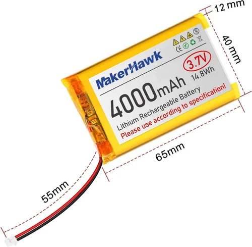 Vista 7 de MakerHawk Batería LiPo de 3.7 V 4000 mAh recargable 1S 124065 Batería de polímero de litio con placa de protección cinta de goma aislada, enchufe
