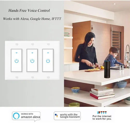 Vista 2 de Interruptor de luz WiFi inteligente de 3 bandas compatible con Alexa y Google Home