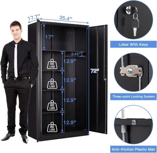 Vista 3 de Yizosh Armario de metal para colgar ropa con puertas de cerradura, armario de acero con cerradura de 72 pulgadas, organizador de ropa para Negro