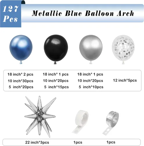Vista 2 de Kit de guirnalda de arco de globos azules, plateados y negros, globo azul metálico, globo plateado con explosión de estrella, 127 piezas