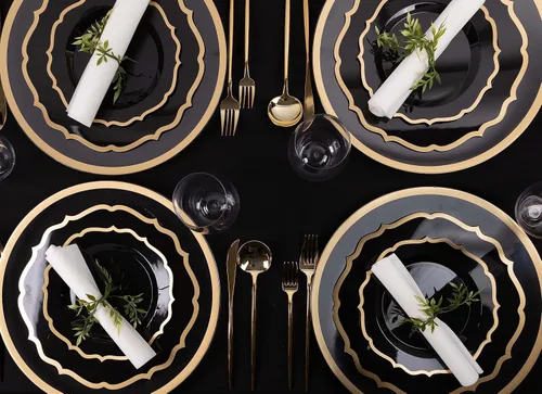 Vista 4 de PLASTICPRO Juego de 32 elegantes platos desechables de plástico que incluye 16 platos llanos y 16 platos de ensalada, platos de fiesta resistentes