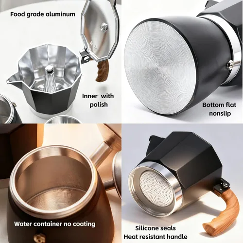 Vista 3 de Olla moka premium, cafetera espresso para estufa, cafetera percoladora, cafetera italiana, café cubano, cafetera greca (negro, 3 tazas 5.1 fl oz)
