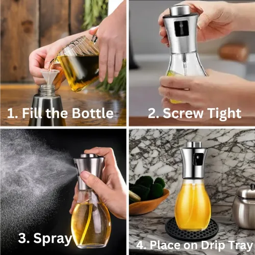 Vista 3 de Pulverizador de aceite de oliva para cocinar, paquete de 6.8 fl oz, embudo, cepillo, bandeja de goteo incluida, pulverizador de aceite para cocinar