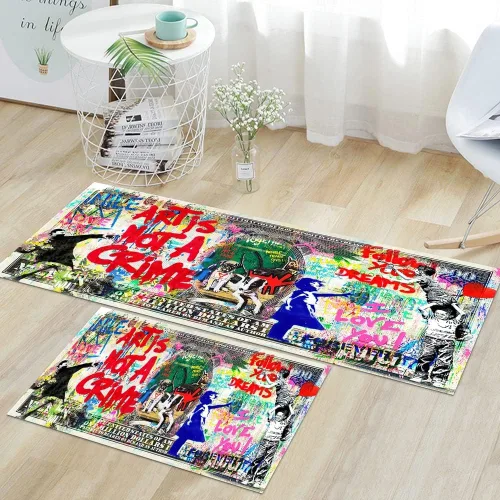 Vista 8 de GUBIYU Juego de 2 alfombras y tapetes de cocina color beige y dorado para billetes de 100 dólares, alfombra divertida y fresca para baño