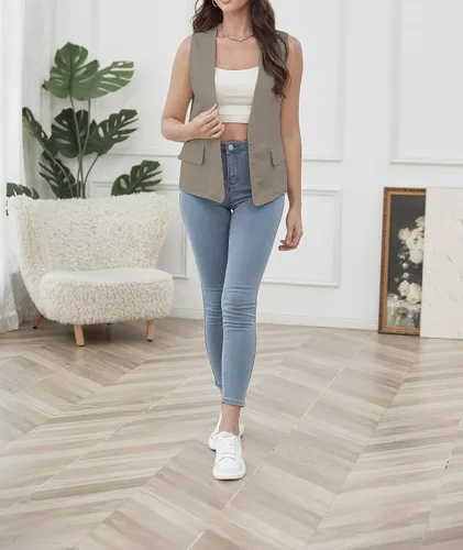 Vista 7 de YWS - Chalecos de moda para mujer, casual, sin mangas, con cuello en V, chaleco de lino y algodón