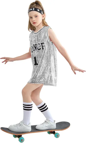 Vista 3 de LOLANTA Ropa de baile Hip Hop para niñas, vestido de lentejuelas para niños, camiseta larga sin mangas, camiseta de animadora de jazz