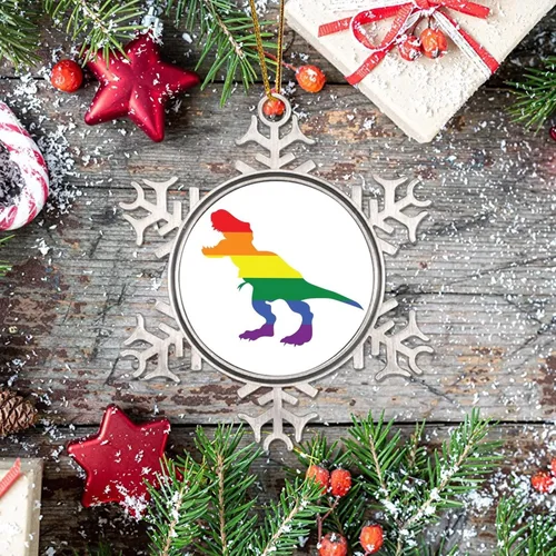 Vista 7 de Regalos de recuerdo de Navidad gay, copo de nieve de metal, decoración para árbol de Navidad, dinosaurio LGBTQ, adornos para árbol de Navidad