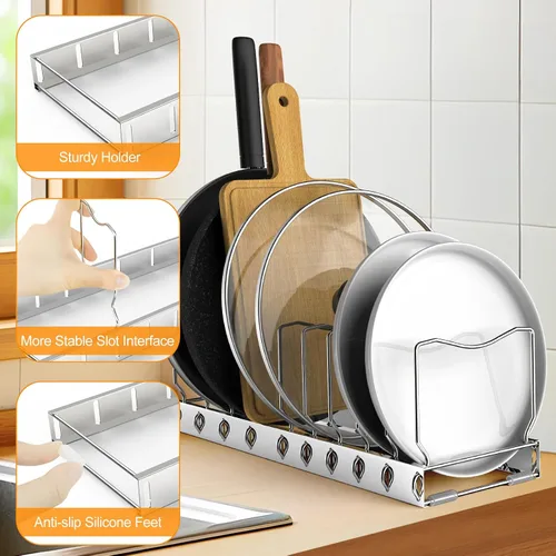 Vista 2 de FLSEPAMB Organizador de sartenes - Organizador de tapa de olla ajustable para cocina, organizador de tapa de olla resistente, para debajo