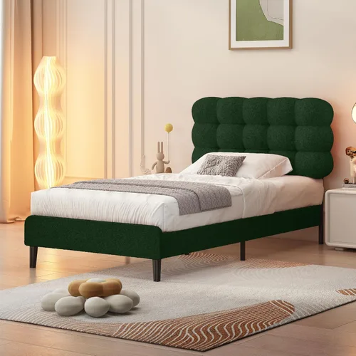 Vista 16 de Base de cama individual BarnFurin con cabecera tapizada, tela suave tipo bouclé, cama plataforma con fuerte soporte de listones de madera, diseño