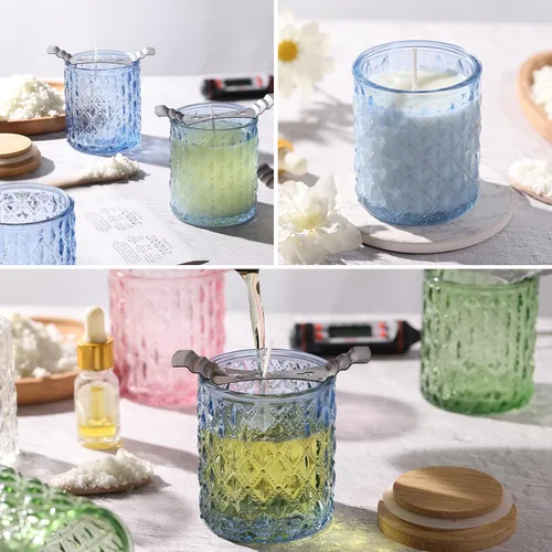 Vista 5 de NITIME 15 tarros de velas azules de 7.5 onzas para hacer velas, vasos de vela de vidrio con tapas de bambú y etiquetas adhesivas, recipientes
