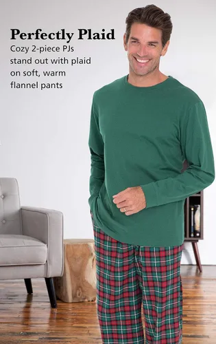 Vista 3 de Christmas Plaid Couples PJs - Red Green Plaid Flannel Pajamas