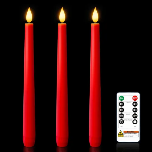Vista 11 de Homemory Velas cónicas cerosas sin llama de 11 pulgadas con temporizador remoto, 3 velas cónicas que funcionan con pilas con llama parpadeante