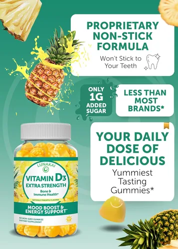 Vista 5 de Lunakai Paquete de gomitas de vitamina D3 y saúco, suplemento de apoyo para la inmunidad, los huesos y el estado de ánimo para adultos y niños, sin
