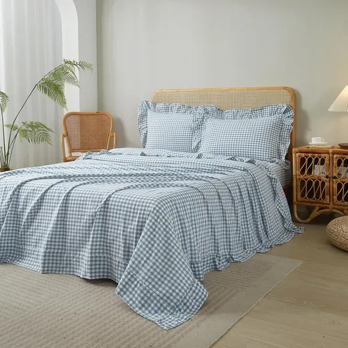 Vista 2 de LifeTB Gingham Ruffle Twin Sheets Set Soft Microfiber Blue Plaid Bed Sheets Volante - Azul Gingham