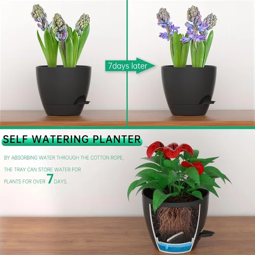 Vista 7 de ZMTECH Juego de 2 macetas de 10 pulgadas para plantas de interior, macetas de riego automático con agujeros de drenaje y platillo para plantas al