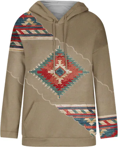 Vista 4 de Ceboyel Women Western Aztec Hoodies Drawstring Sweatshirt Pullover Ethnic Vintage Graphic Shirts Tops Causal Fall Clothes
