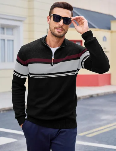Vista 40 de MAGCOMSEN Suéteres de algodón con cremallera de 1/4 para hombre, suéter tipo polo, a rayas, para otoño e invierno, sudaderas cálidas