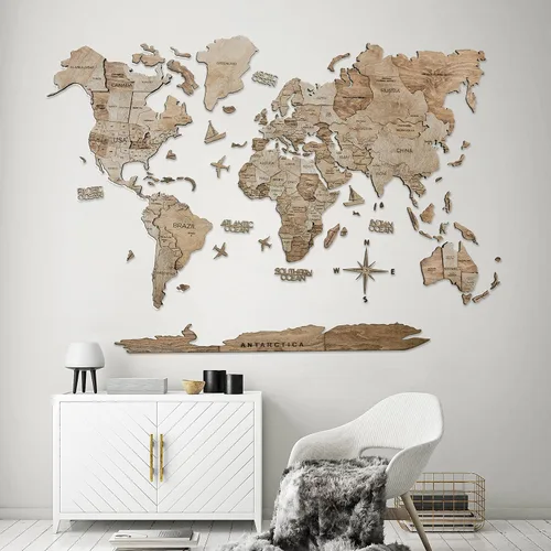 Vista 7 de AWESOMETIK TERRA - Mapa del mundo de madera 3D, mapa del mundo de fácil instalación con cinta de doble cara, incluye complementos, madera