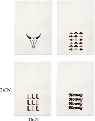 Vista 3 de QODUNG Juego de 4 toallas de mano de 16 x 24 pulgadas con diseño retro de howdy Western Cowboy Boots Hat Bull Skull Soft Towels de 16 x 24 pulgadas