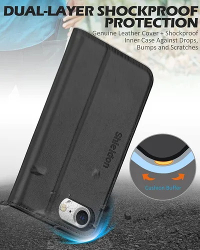 Vista 6 de SHIELDON - Funda tipo cartera de piel auténtica para iPhone SE 2022/SE 2020/8/7, color negro Magnetic Closure, RFID Blocking, Credit Card Holder