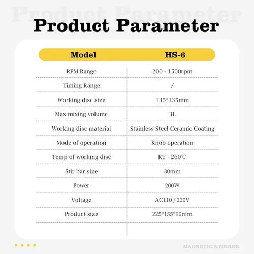 Vista 6 de LAB FISH 200-1500RPM agitador magnético placa caliente 536.0 °F/536℉ HS-6 Even heating, durable ceramic coating, brushless motor, knob control